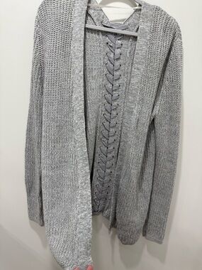 Aqua Light Gray Open-Front Cardigan with Lace-Up Back